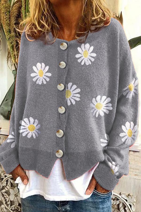 Cardigan pull en tricot à broderie florale à col rond 