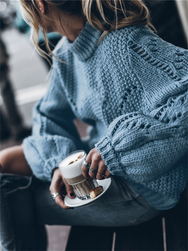 Pull ras du cou de couleur unie évider pull 