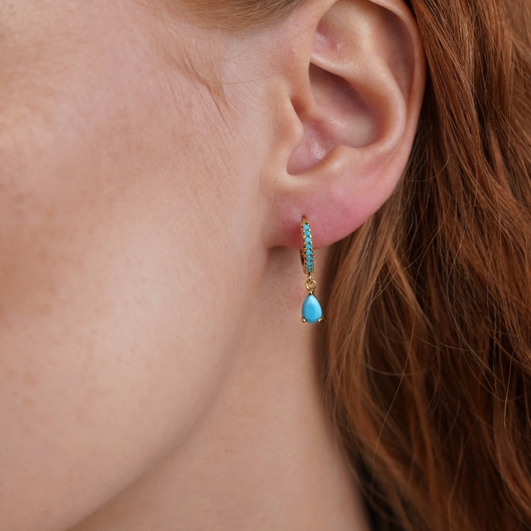 Blue Cyan Crystal Gold Hoop Earrings