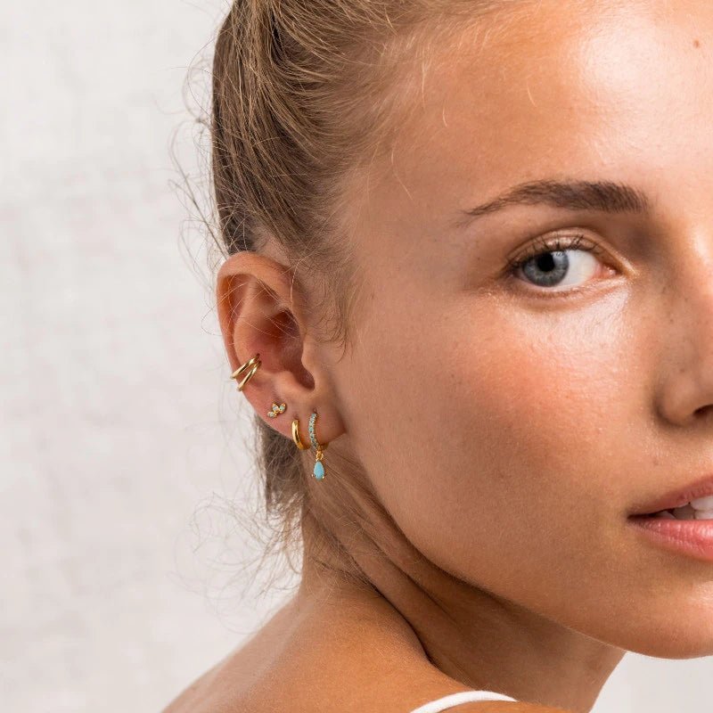 Blue Cyan Crystal Silver Hoop Earrings