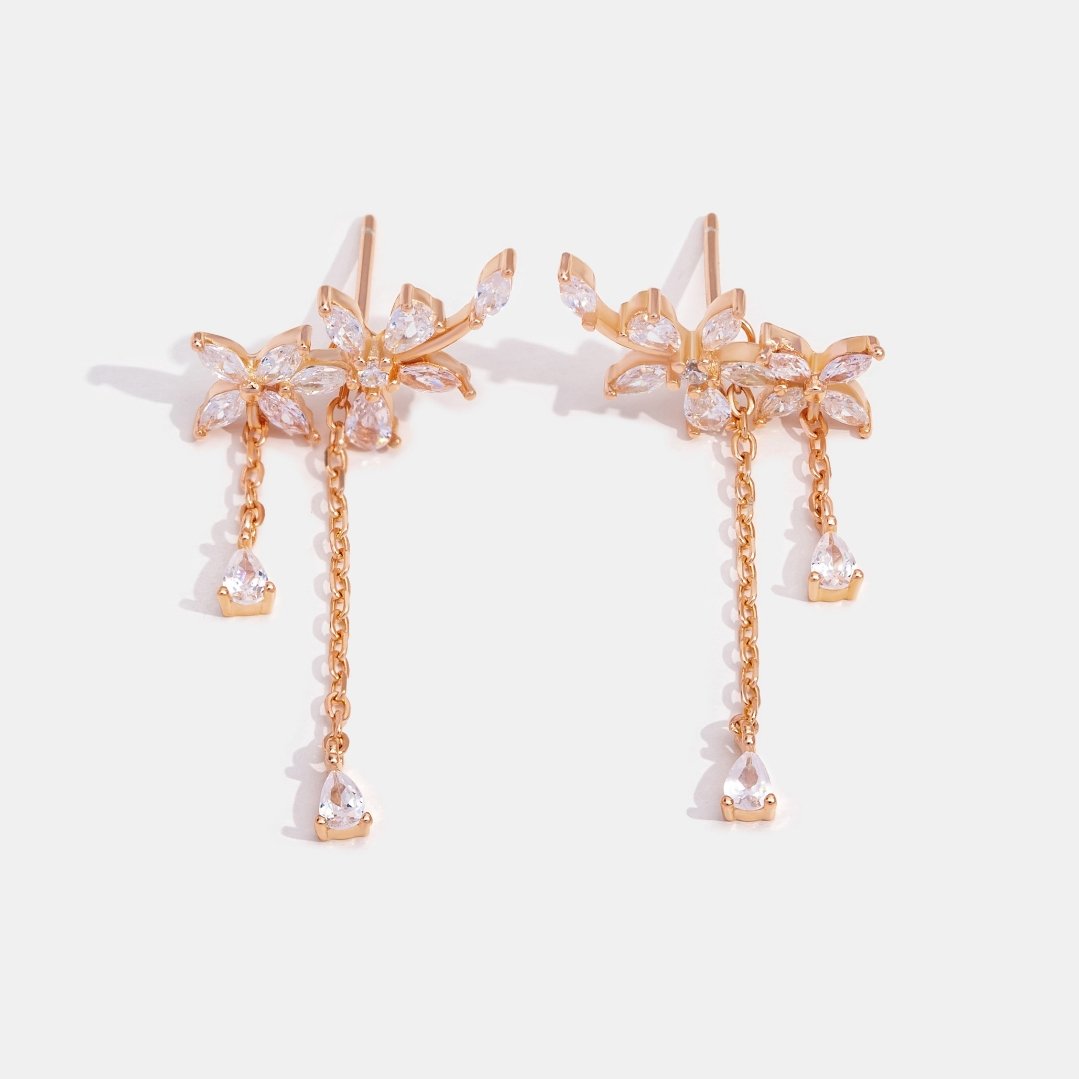 Crystal Rose Gold Flower Tassel Earrings