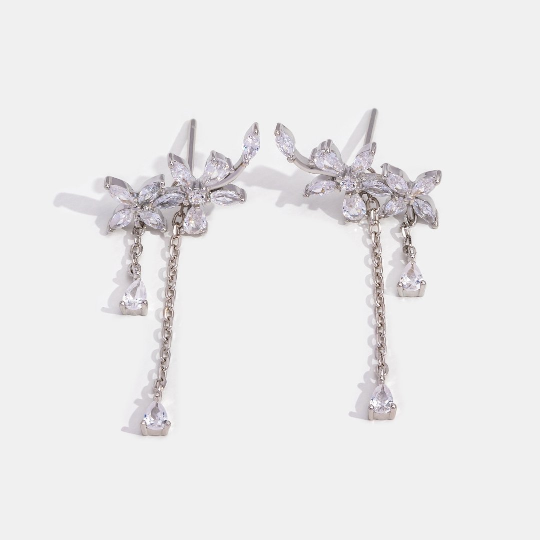 Crystal Silver Flower Tassel Earrings