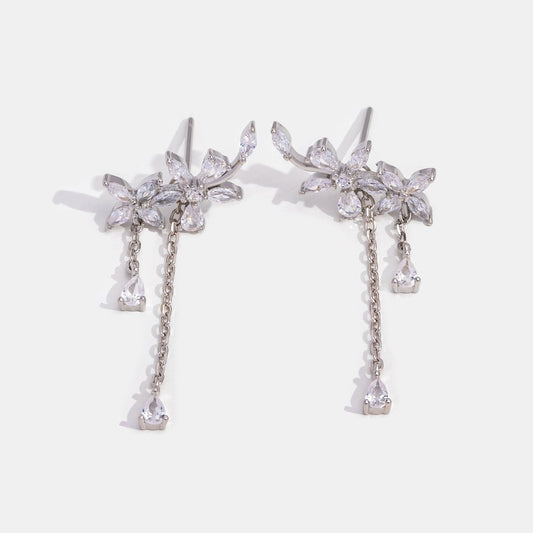 Crystal Silver Flower Tassel Earrings