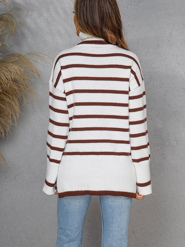 Casual Crewneck Striped Slit Sweater