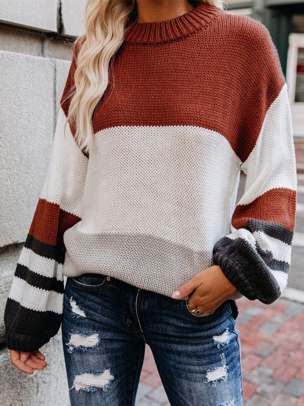 Round Neck Color Block Loose Sweater