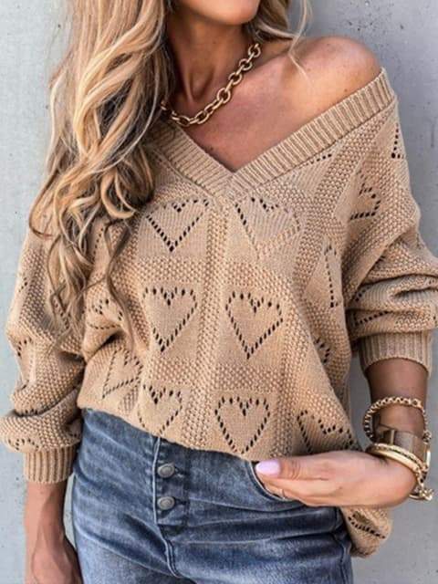 Pull à col en V évidé à cœur uni