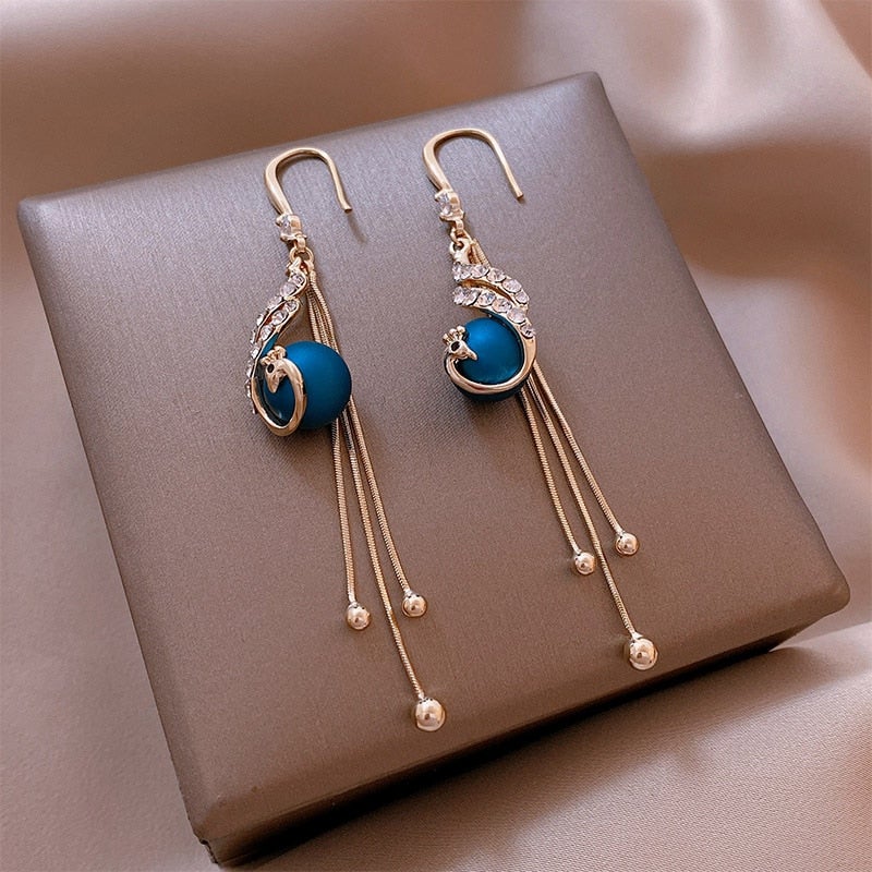 Boucles d'Oreilles Pendantes Paon Doré