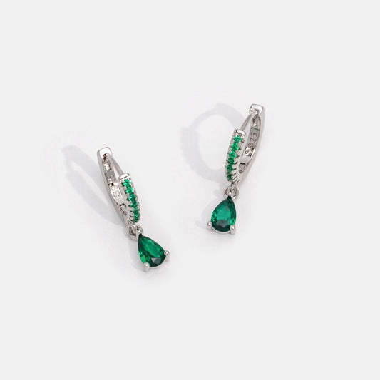 Green Crystal Silver Hoop Earrings