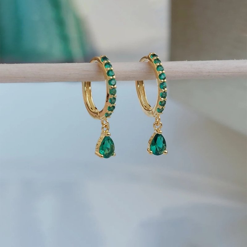 Green Crystal Silver Hoop Earrings