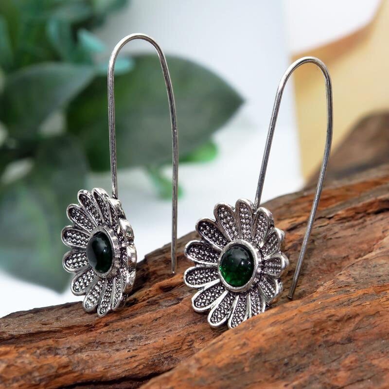 Green Stone Daisy Earrings