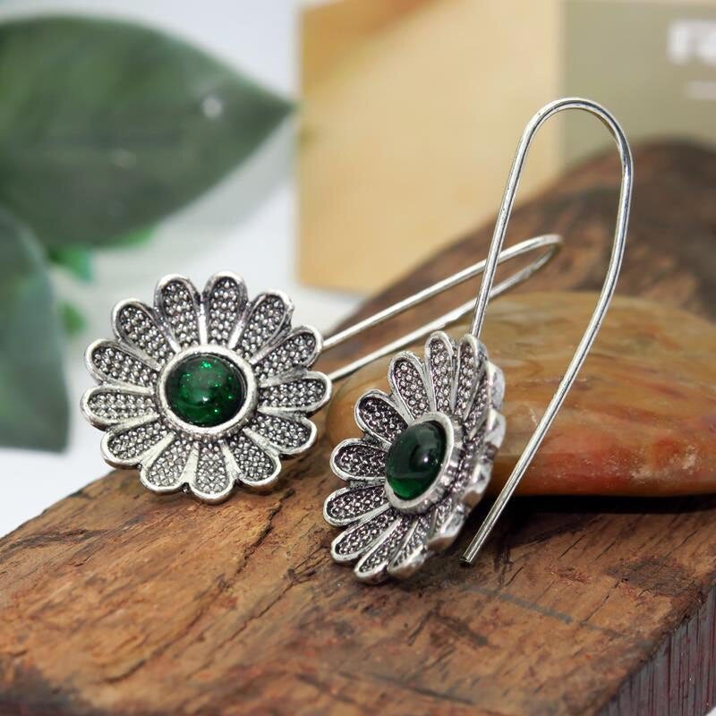 Green Stone Daisy Earrings