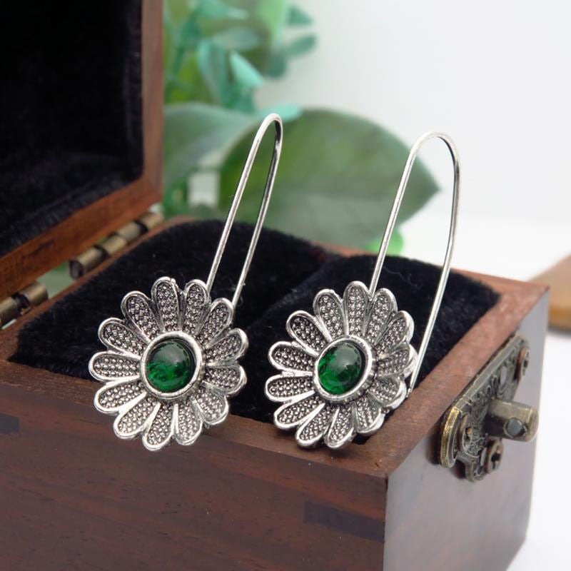 Green Stone Daisy Earrings