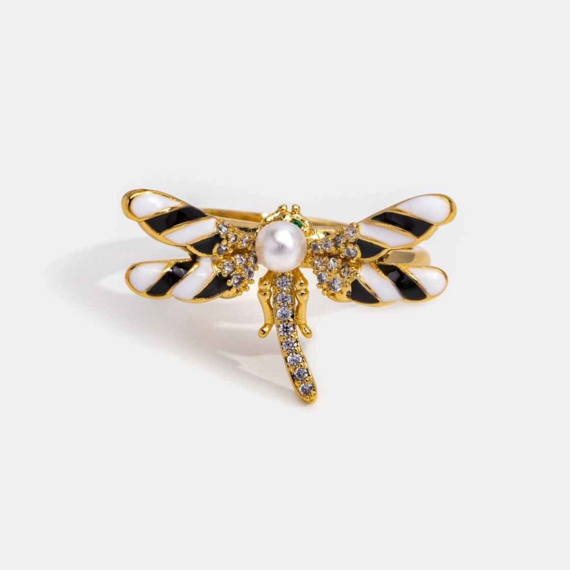 Pearl & Crystal Black Dragonfly Ring