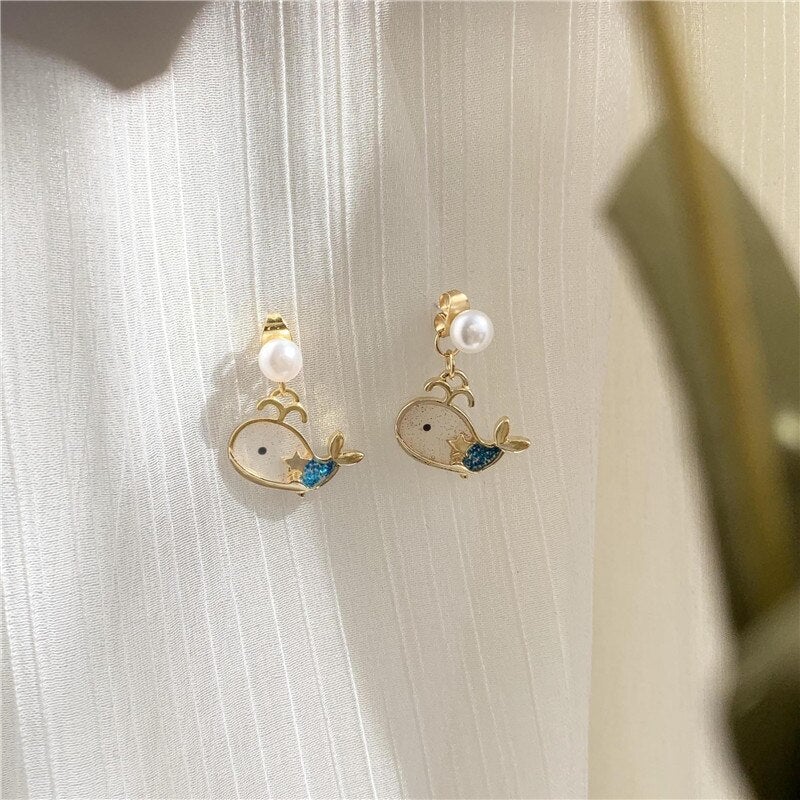 Pearl & Whale Drop Earrings