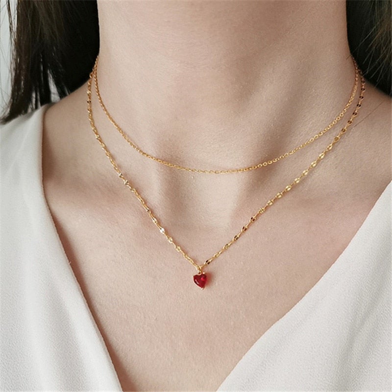 Red Heart Crystal Layered Necklace