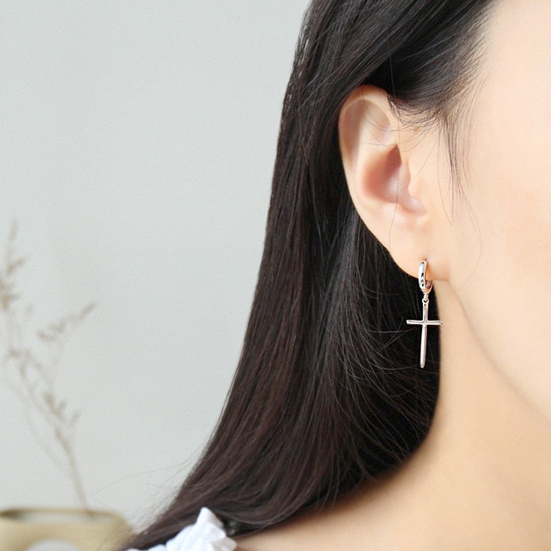 Silver Cross Hoop Earrings