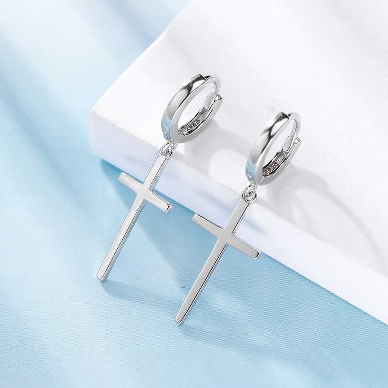 Silver Cross Hoop Earrings