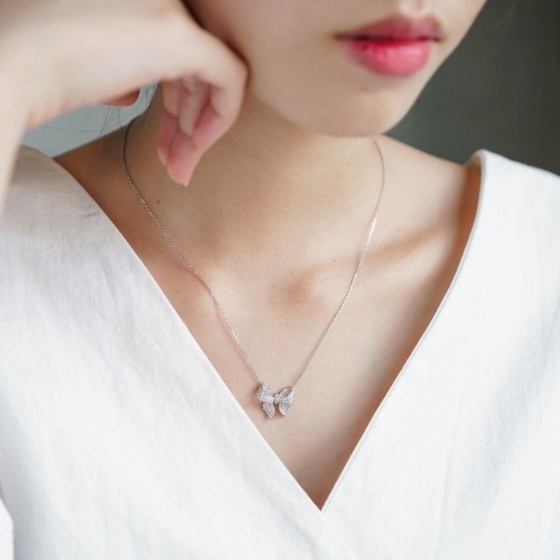 Silver Crystal Bow Necklace