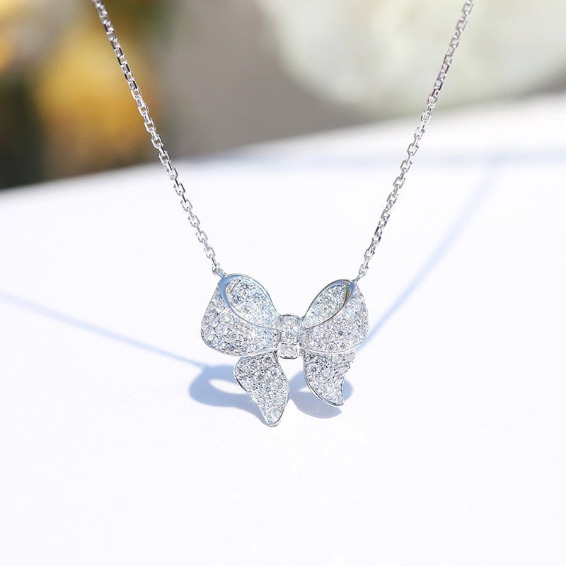 Silver Crystal Bow Necklace