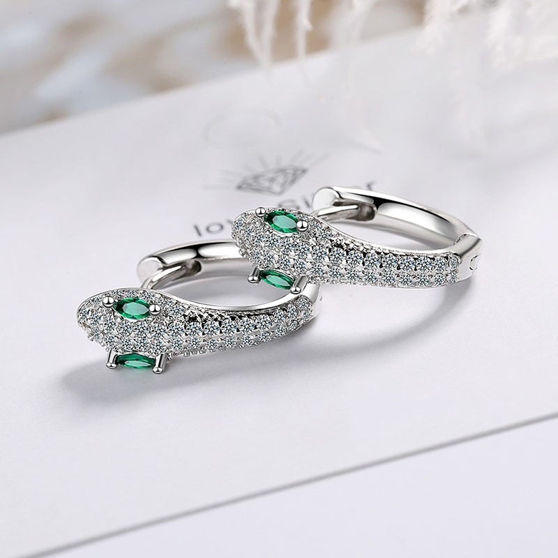 Silver Green Eye Snake Earrings