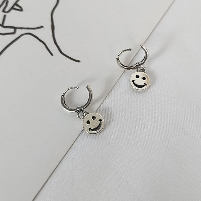 Smiley Face Silver Hoop Earrings