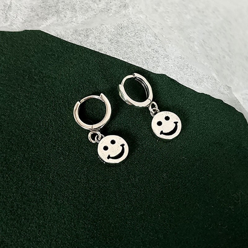 Smiley Face Silver Hoop Earrings