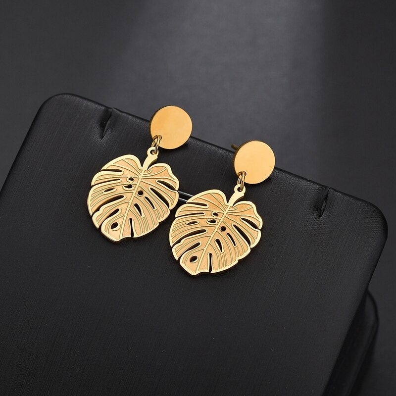 Boucles d'oreilles feuille de palmier en acier inoxydable