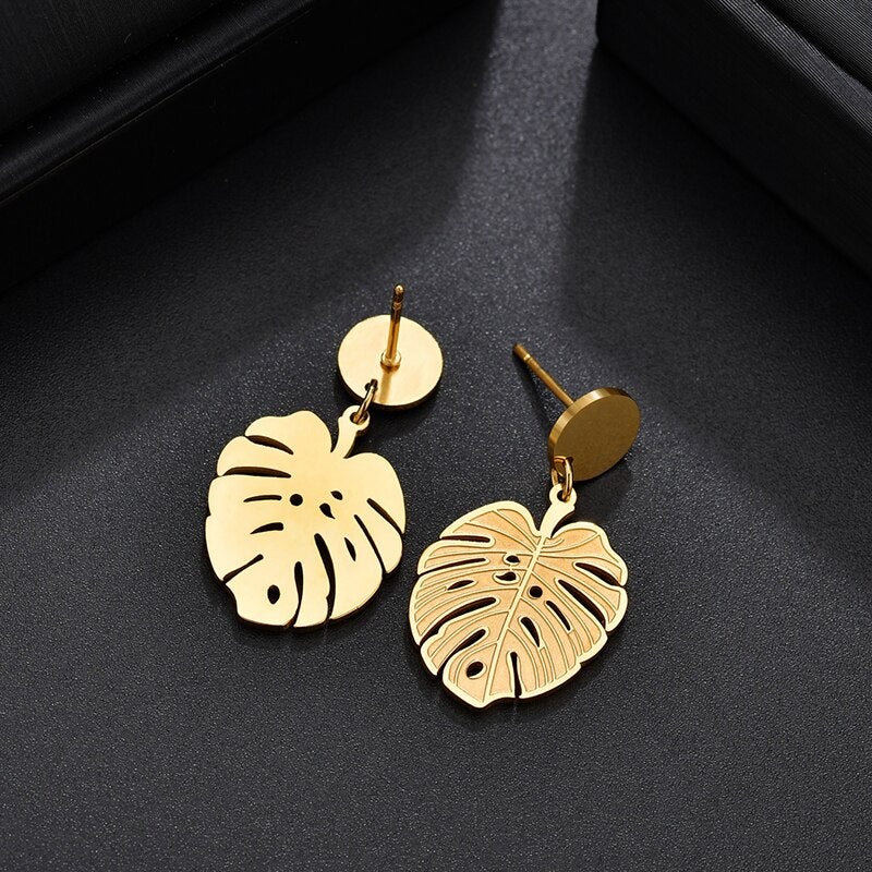 Boucles d'oreilles feuille de palmier en acier inoxydable