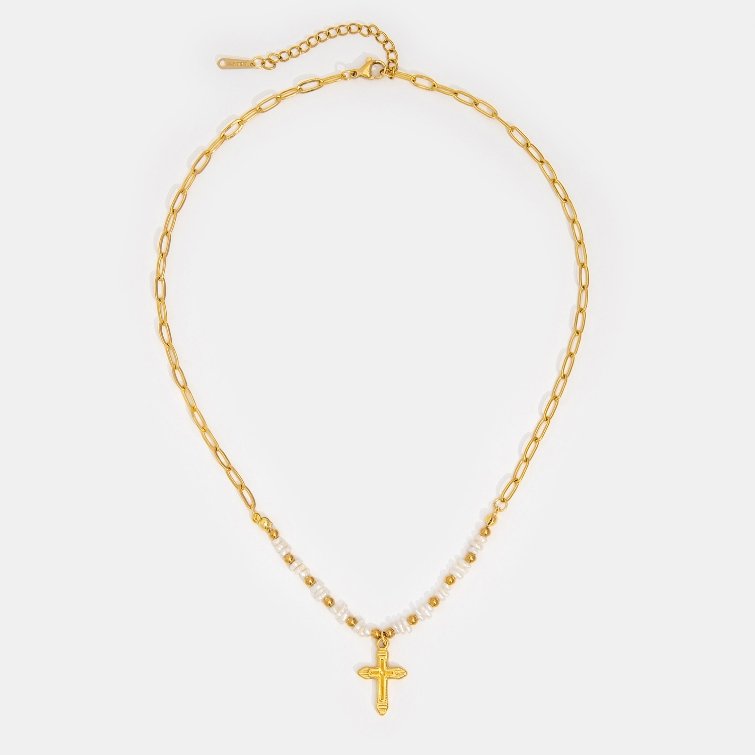 Tamara Gold Bead & Pearl Cross Necklace