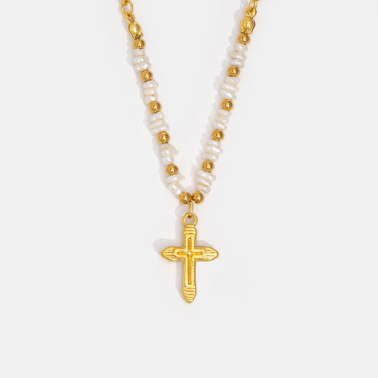 Tamara Gold Bead & Pearl Cross Necklace