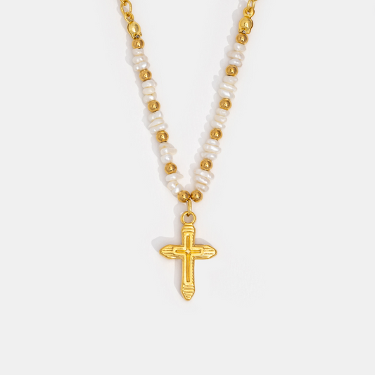 Tamara Gold Bead & Pearl Cross Necklace