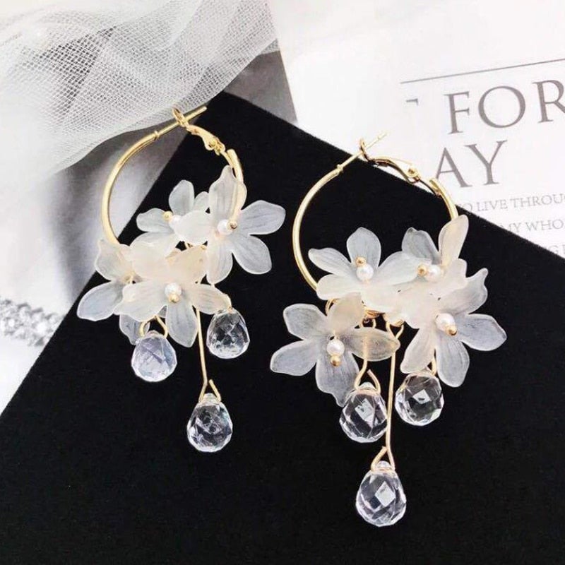 Boucles d'Oreilles Fleur en Cristal Blanc