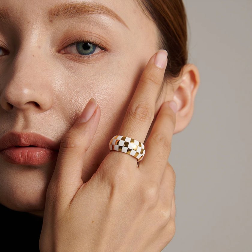 White & Gold Checkered Ring